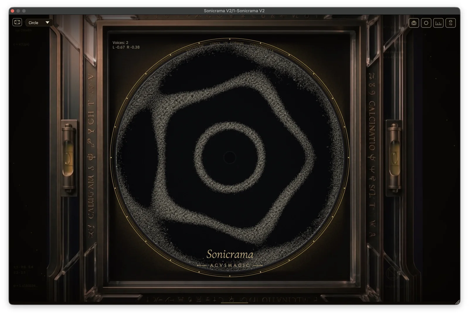 The sand plate in fullscreen, particles gathered along the nodal lines.