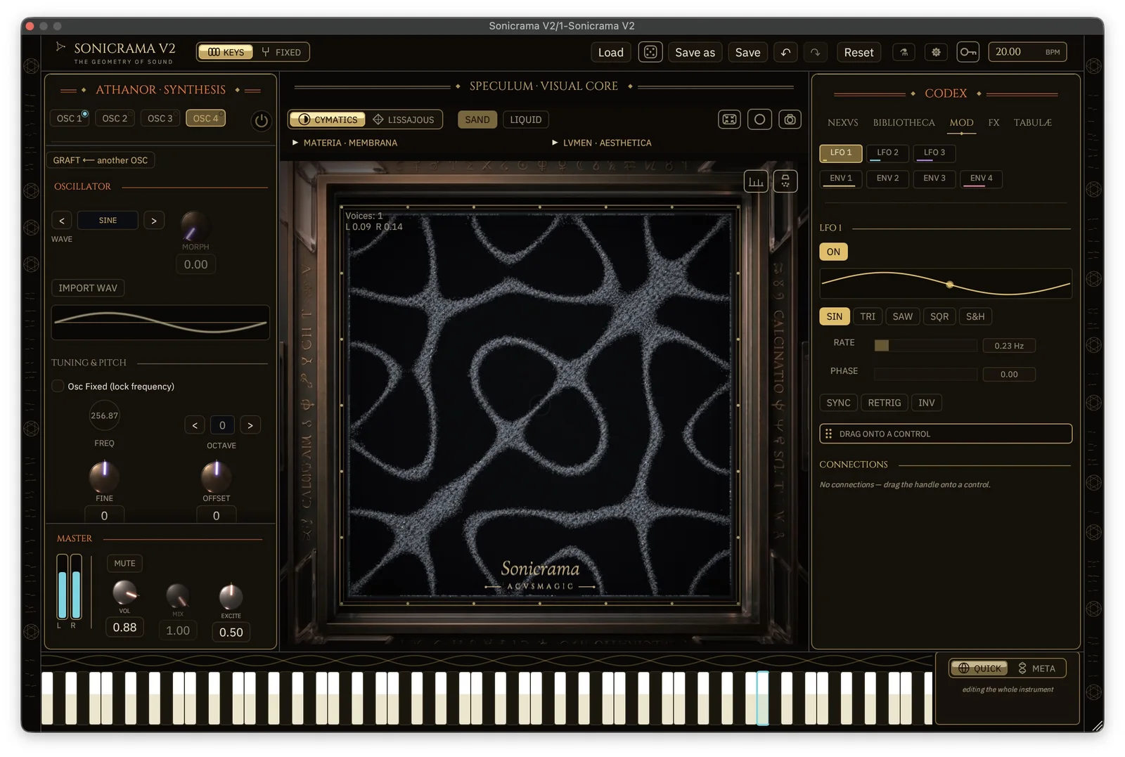 Sonicrama full interface with the sand plate holding a Chladni figure.